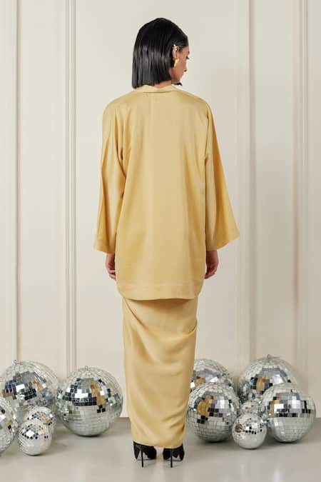 Shop_Therealb_Beige Satin V-neck Whimsical Whispers Top And Skirt Set _at_Aza_Fashions