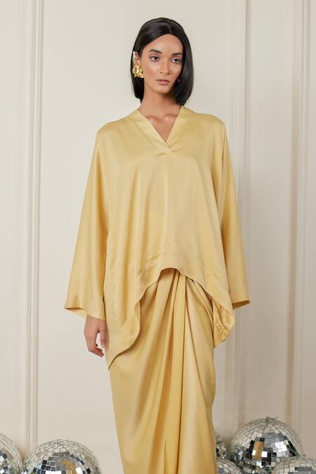 Therealb_Beige Satin V-neck Whimsical Whispers Top And Skirt Set _Online_at_Aza_Fashions