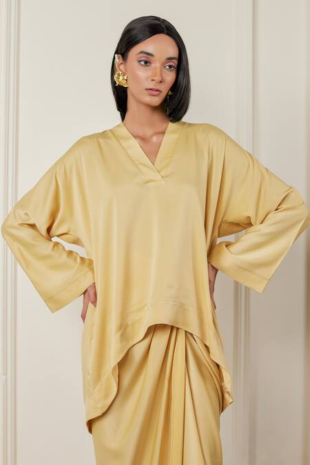 Buy_Therealb_Beige Satin V-neck Whimsical Whispers Top And Skirt Set _Online_at_Aza_Fashions