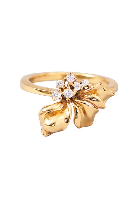 Shop Opalina Soulful Jewellery Gold Plated Crystals Half Floral Embellished Ring at Aza Fashions Shop_Opalina Soulful Jewellery_Gold Plated Crystals Half Floral Embellished Ring _at_Aza_Fashions
