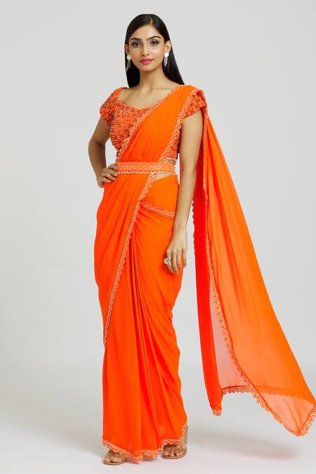 Nitisha Kashyap Official Orange Silk Embroidered Beads V Neck Border Saree With Blouse  