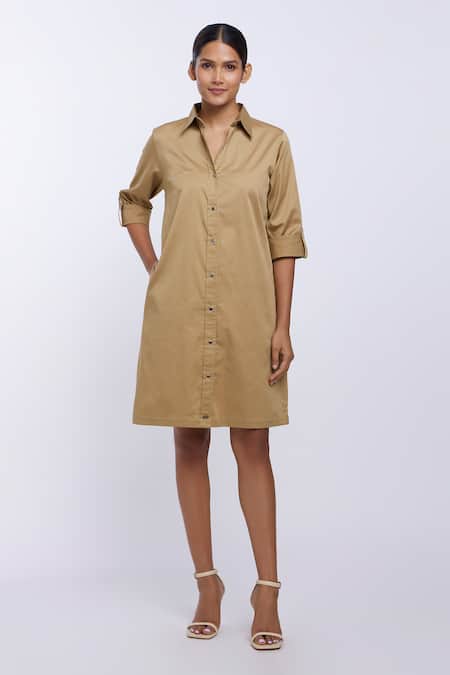 PALLAVI SWADI Beige Cotton Satin Solid Collar Plain Front Buttoned Shirt Dress 
