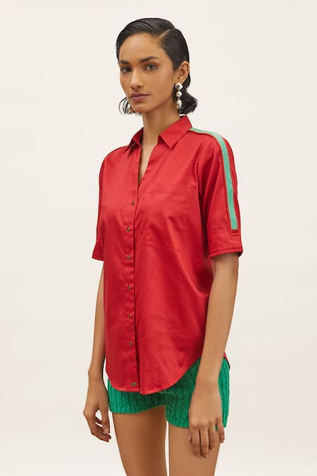 Pallavi Swadi_Red Cotton Satin Cut Work Collared Pop Hand Embellished Shirt_Online_at_Aza_Fashions