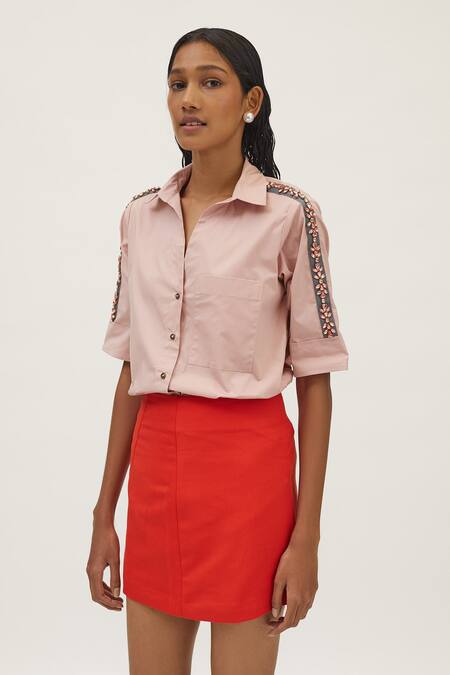 Pallavi Swadi_Peach Cotton Satin Collared Flower Swarovski Ribbon Hand Embellished Shirt_Online_at_Aza_Fashions
