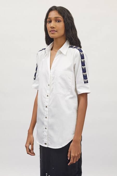 Pallavi Swadi_White Cotton Satin Stones Collared Dragonfly Swarovski Embellished Shirt _Online_at_Aza_Fashions