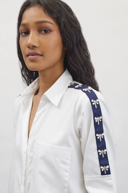 Buy_Pallavi Swadi_White Cotton Satin Stones Collared Dragonfly Swarovski Embellished Shirt _Online_at_Aza_Fashions