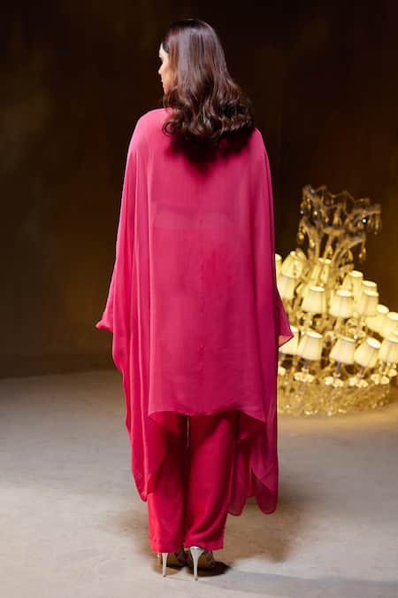 Shop Divya Aggarwal Fuchsia Muslin Silk Embellished Mirror Cape Band Laurel Placket Pant Set at Aza Fashions Shop_Divya Aggarwal_Fuchsia Muslin Silk Embellished Mirror Cape Band Laurel Placket Pant Set _at_Aza_Fashions
