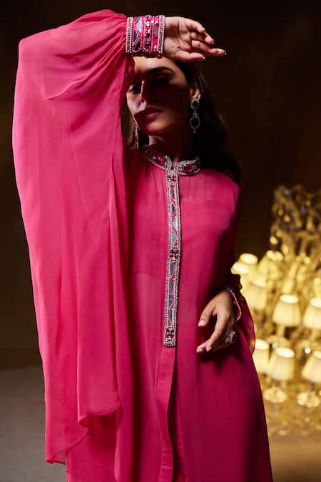 Divya Aggarwal Fuchsia Muslin Silk Embellished Mirror Cape Band Laurel Placket Pant Set Online at Aza Fashions Divya Aggarwal_Fuchsia Muslin Silk Embellished Mirror Cape Band Laurel Placket Pant Set _Online_at_Aza_Fashions