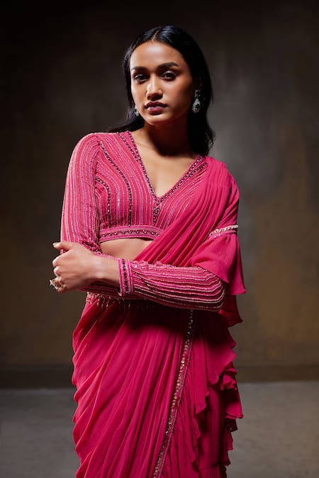 Divya Aggarwal_Fuchsia Georgette Embellished Sequins V Elsa Border Pre-draped Ruffle Saree Set _at_Aza_Fashions
