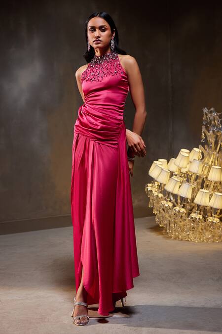 Divya Aggarwal_Fuchsia Stretch Satin Embellished Crystals Halter Amara Yoke Kurta And Skirt Set _Online_at_Aza_Fashions