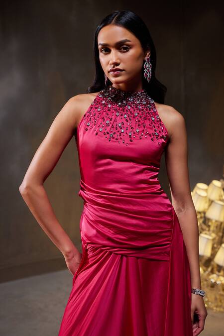 Buy_Divya Aggarwal_Fuchsia Stretch Satin Embellished Crystals Halter Amara Yoke Kurta And Skirt Set _Online_at_Aza_Fashions