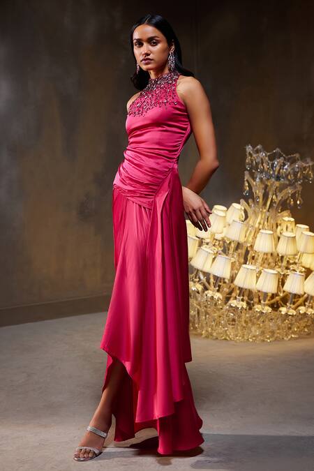 Shop_Divya Aggarwal_Fuchsia Stretch Satin Embellished Crystals Halter Amara Yoke Kurta And Skirt Set _Online_at_Aza_Fashions