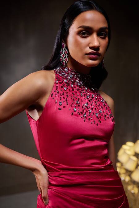 Divya Aggarwal_Fuchsia Stretch Satin Embellished Crystals Halter Amara Yoke Kurta And Skirt Set _at_Aza_Fashions