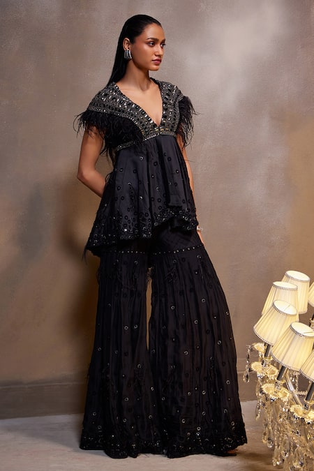 Buy_Divya Aggarwal_Black Chanderi Silk Embellished Feather V Neck Ava Kurta And Sharara Set _Online_at_Aza_Fashions