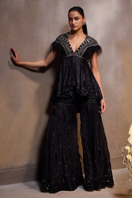 Shop_Divya Aggarwal_Black Chanderi Silk Embellished Feather V Neck Ava Kurta And Sharara Set _Online_at_Aza_Fashions