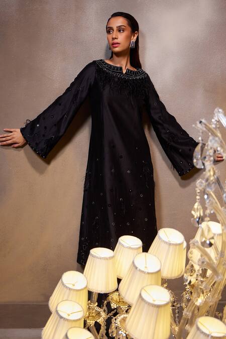 Shop_Divya Aggarwal_Black Chanderi Silk Embellished Feather Notched Zuri Kurta And Sharara Set _Online_at_Aza_Fashions