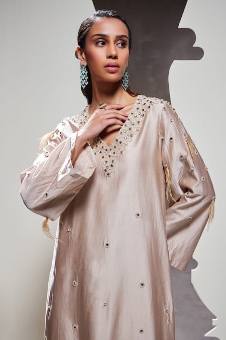 Shop_Divya Aggarwal_Beige Chanderi Silk Embellished Feather V Neck Dara Kurta And Sharara Set _Online_at_Aza_Fashions