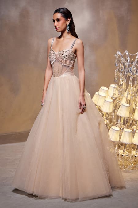 Divya Aggarwal_Beige Tulle Mesh Embellished Crystals Sweetheart Bella Bodice Corset Gown _Online_at_Aza_Fashions