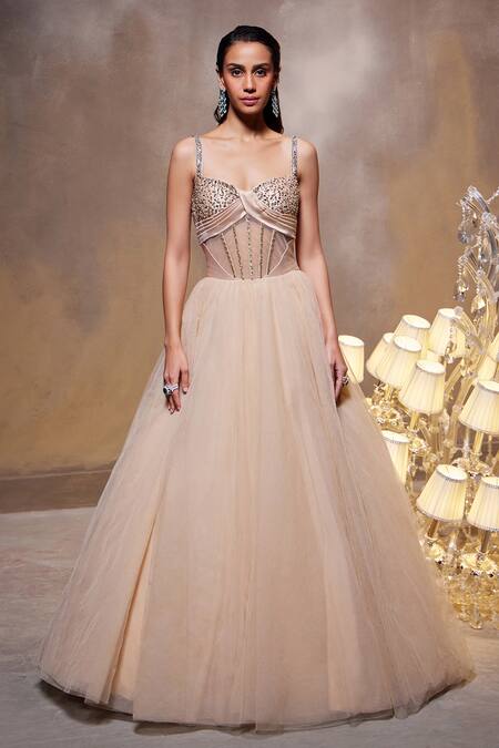 Buy_Divya Aggarwal_Beige Tulle Mesh Embellished Crystals Sweetheart Bella Bodice Corset Gown _Online_at_Aza_Fashions