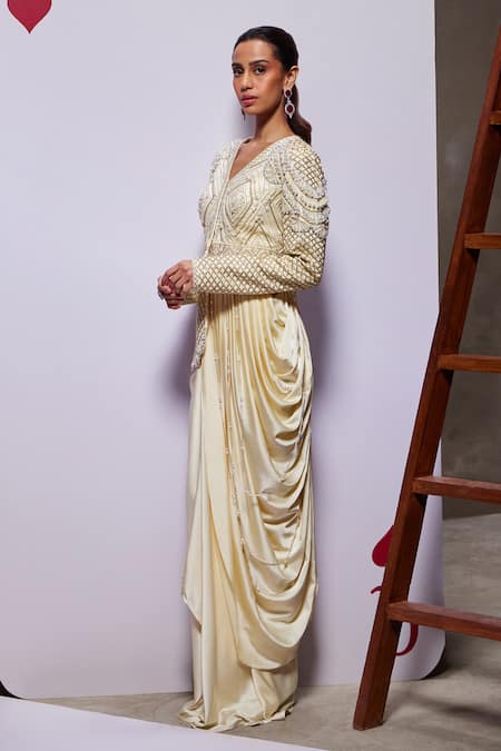 Shop_Divya Aggarwal_Ivory Jacket Heavy Satin Embellished Geometric V Eleanor With Draped Skirt _Online_at_Aza_Fashions