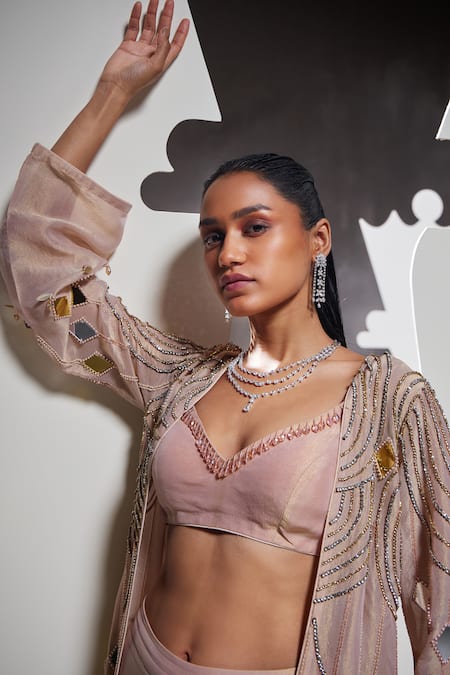 Buy_Divya Aggarwal_Pink Tissue Organza Embellished Mirror Leaf Stella Jacket Pant Set _Online_at_Aza_Fashions