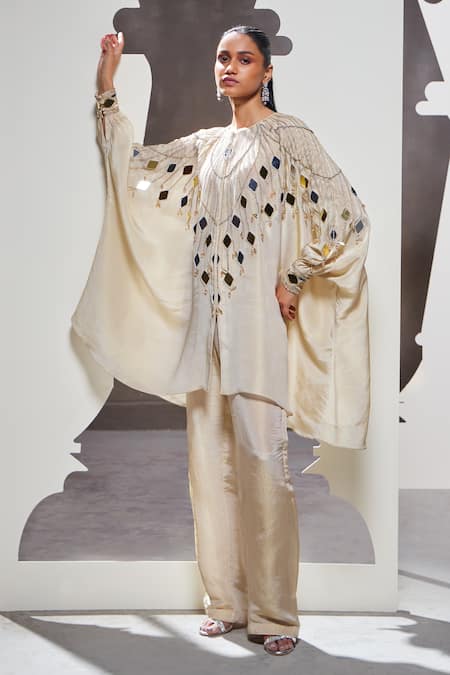 Divya Aggarwal_Ivory Tissue Embellished Mirror Round Ziva Cape Shirt And Pant Set _Online_at_Aza_Fashions