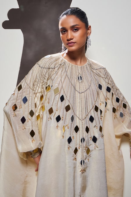 Shop_Divya Aggarwal_Ivory Tissue Embellished Mirror Round Ziva Cape Shirt And Pant Set _Online_at_Aza_Fashions