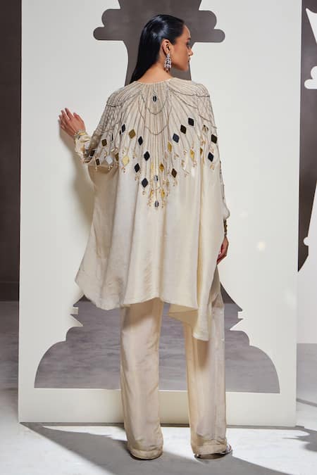 Divya Aggarwal_Ivory Tissue Embellished Mirror Round Ziva Cape Shirt And Pant Set _at_Aza_Fashions