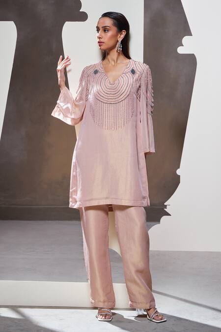 Shop_Divya Aggarwal_Pink Tissue Organza Hand Embellished V Neck Hera Kurta And Pant Set _Online_at_Aza_Fashions