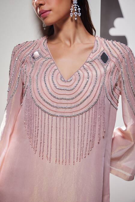 Buy_Divya Aggarwal_Pink Tissue Organza Hand Embellished V Neck Hera Kurta And Pant Set 