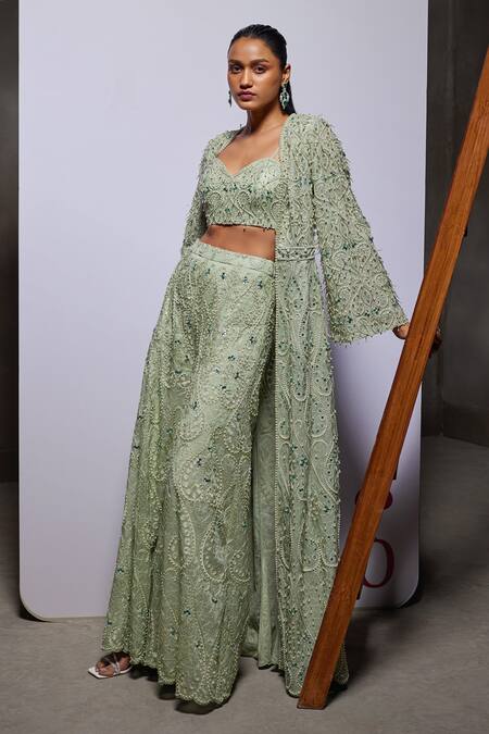 Buy_Divya Aggarwal_Green Organza Embellished Pearl Blouse Sweetheart Long Jacket And Pant Set _Online_at_Aza_Fashions