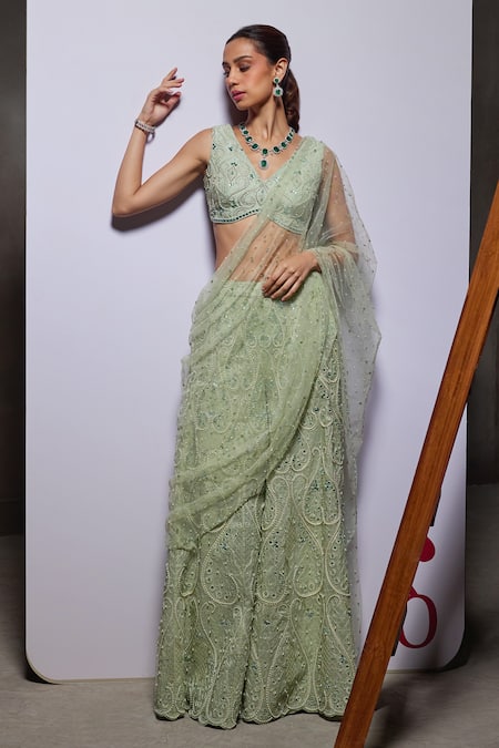 Divya Aggarwal Green Organza Embellished Pearl V Neck Eliora Draped Sharara Saree With Blouse 