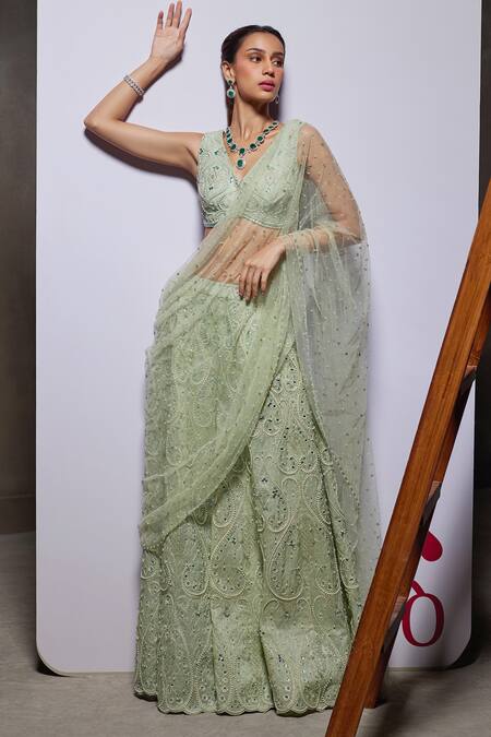 Buy Divya Aggarwal Green Organza Embellished Pearl V Neck Eliora Draped Sharara Saree With Blouse Online at Aza Fashions Buy_Divya Aggarwal_Green Organza Embellished Pearl V Neck Eliora Draped Sharara Saree With Blouse _Online_at_Aza_Fashions