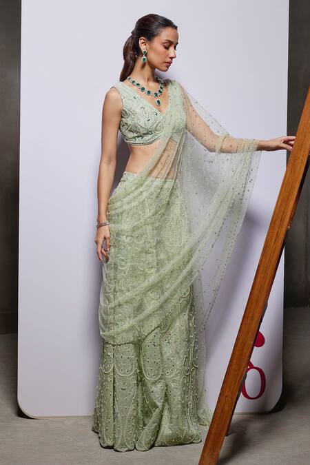 Shop Divya Aggarwal Green Organza Embellished Pearl V Neck Eliora Draped Sharara Saree With Blouse Online at Aza Fashions Shop_Divya Aggarwal_Green Organza Embellished Pearl V Neck Eliora Draped Sharara Saree With Blouse _Online_at_Aza_Fashions