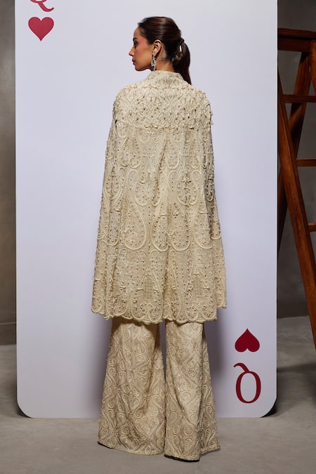 Divya Aggarwal_Ivory Organza Embellished Pearl Blouse Sweetheart Jane Cape With Pant Set _Online_at_Aza_Fashions