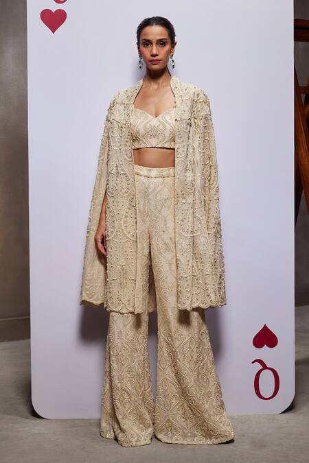 Buy_Divya Aggarwal_Ivory Organza Embellished Pearl Blouse Sweetheart Jane Cape With Pant Set _Online_at_Aza_Fashions