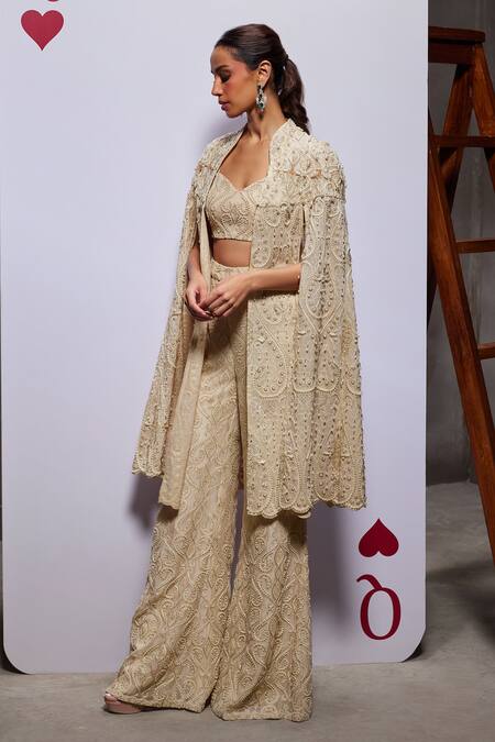 Shop_Divya Aggarwal_Ivory Organza Embellished Pearl Blouse Sweetheart Jane Cape With Pant Set _Online_at_Aza_Fashions