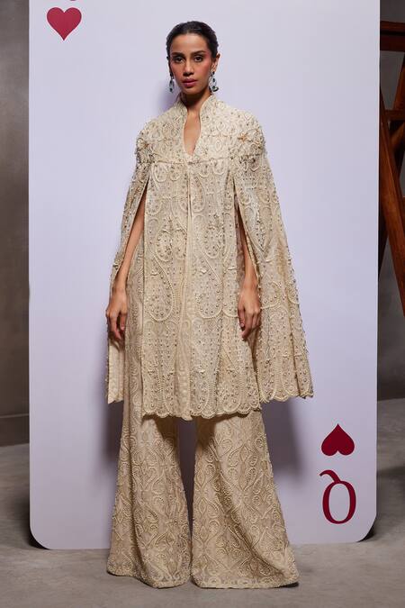 Divya Aggarwal_Ivory Organza Embellished Pearl Blouse Sweetheart Jane Cape With Pant Set _at_Aza_Fashions