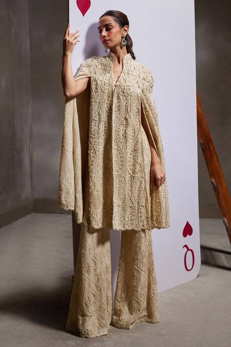 Buy_Divya Aggarwal_Ivory Organza Embellished Pearl Blouse Sweetheart Jane Cape With Pant Set 