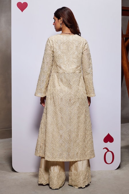 Shop Divya Aggarwal Ivory Organza Embellished Pearl Leaf Helena Long Kurta And Pant Set at Aza Fashions Shop_Divya Aggarwal_Ivory Organza Embellished Pearl Leaf Helena Long Kurta And Pant Set _at_Aza_Fashions