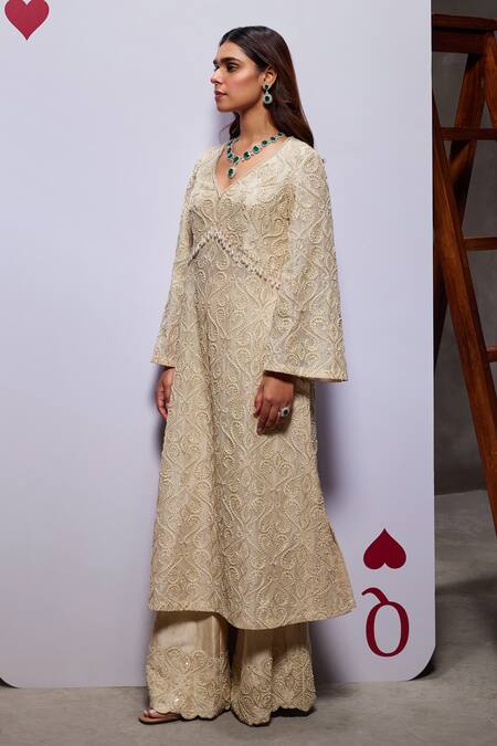 Divya Aggarwal Ivory Organza Embellished Pearl Leaf Helena Long Kurta And Pant Set Online at Aza Fashions Divya Aggarwal_Ivory Organza Embellished Pearl Leaf Helena Long Kurta And Pant Set _Online_at_Aza_Fashions