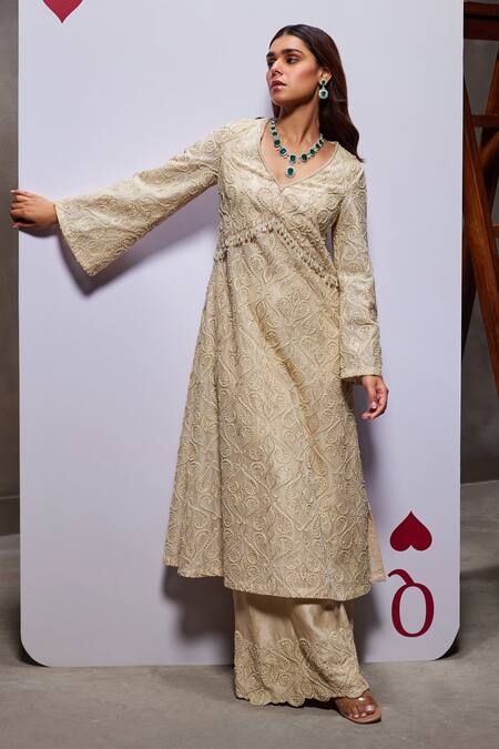 Shop Divya Aggarwal Ivory Organza Embellished Pearl Leaf Helena Long Kurta And Pant Set Online at Aza Fashions Shop_Divya Aggarwal_Ivory Organza Embellished Pearl Leaf Helena Long Kurta And Pant Set _Online_at_Aza_Fashions