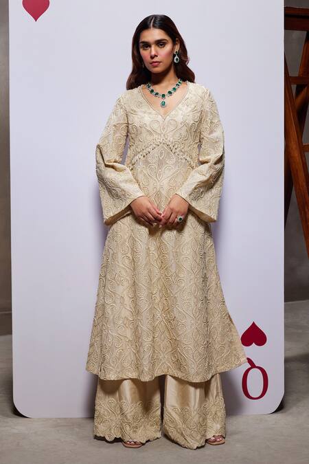 Divya Aggarwal_Ivory Organza Embellished Pearl Leaf Helena Long Kurta Set _Online_at_Aza_Fashions