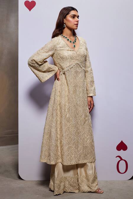Shop_Divya Aggarwal_Ivory Organza Embellished Pearl Leaf Helena Long Kurta Set _Online_at_Aza_Fashions
