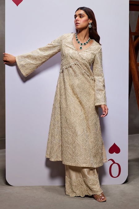 Divya Aggarwal_Ivory Organza Embellished Pearl Leaf Helena Long Kurta Set _at_Aza_Fashions