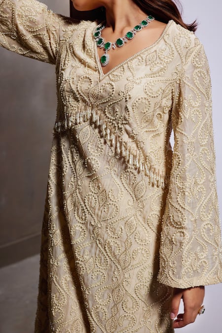 Buy_Divya Aggarwal_Ivory Organza Embellished Pearl Leaf Helena Long Kurta Set 