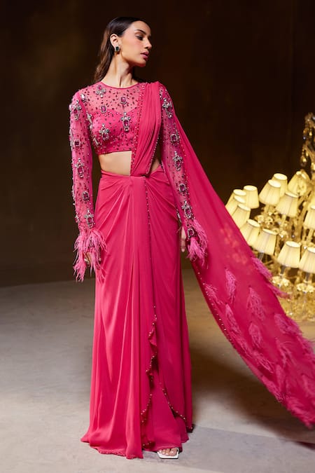 Divya Aggarwal Diana Embellished Blouse & Pre-Draped Saree Set 