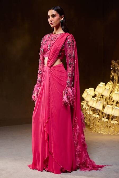 Divya Aggarwal_Fuchsia Saree Georgette Embellished Feather Diana Blouse And Pre-draped Set _at_Aza_Fashions