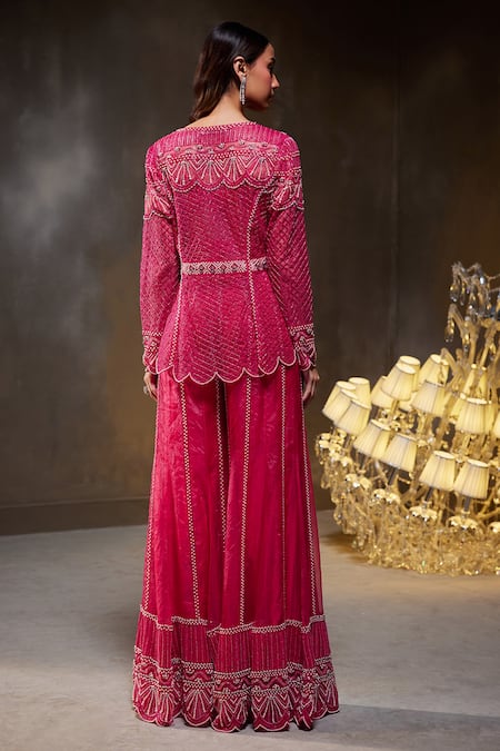 Divya Aggarwal_Fuchsia Lightweight Organza Embellished Pearls V Neck Teigen Jacket Sharara Set _Online_at_Aza_Fashions