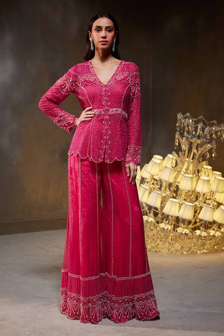 Shop_Divya Aggarwal_Fuchsia Lightweight Organza Embellished Pearls V Neck Teigen Jacket Sharara Set _Online_at_Aza_Fashions